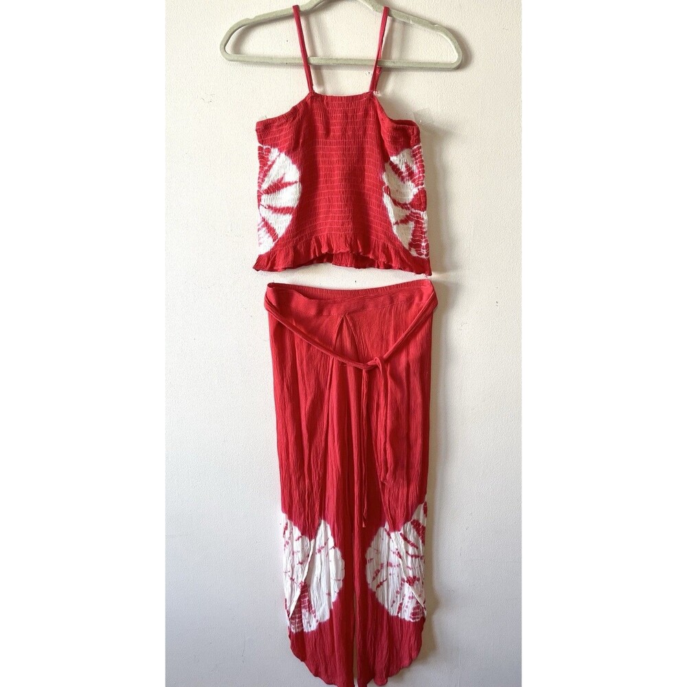 India Boutique Boho Festival 2 Piece Set Pink Red Tie Dye Crop Top Pants OS